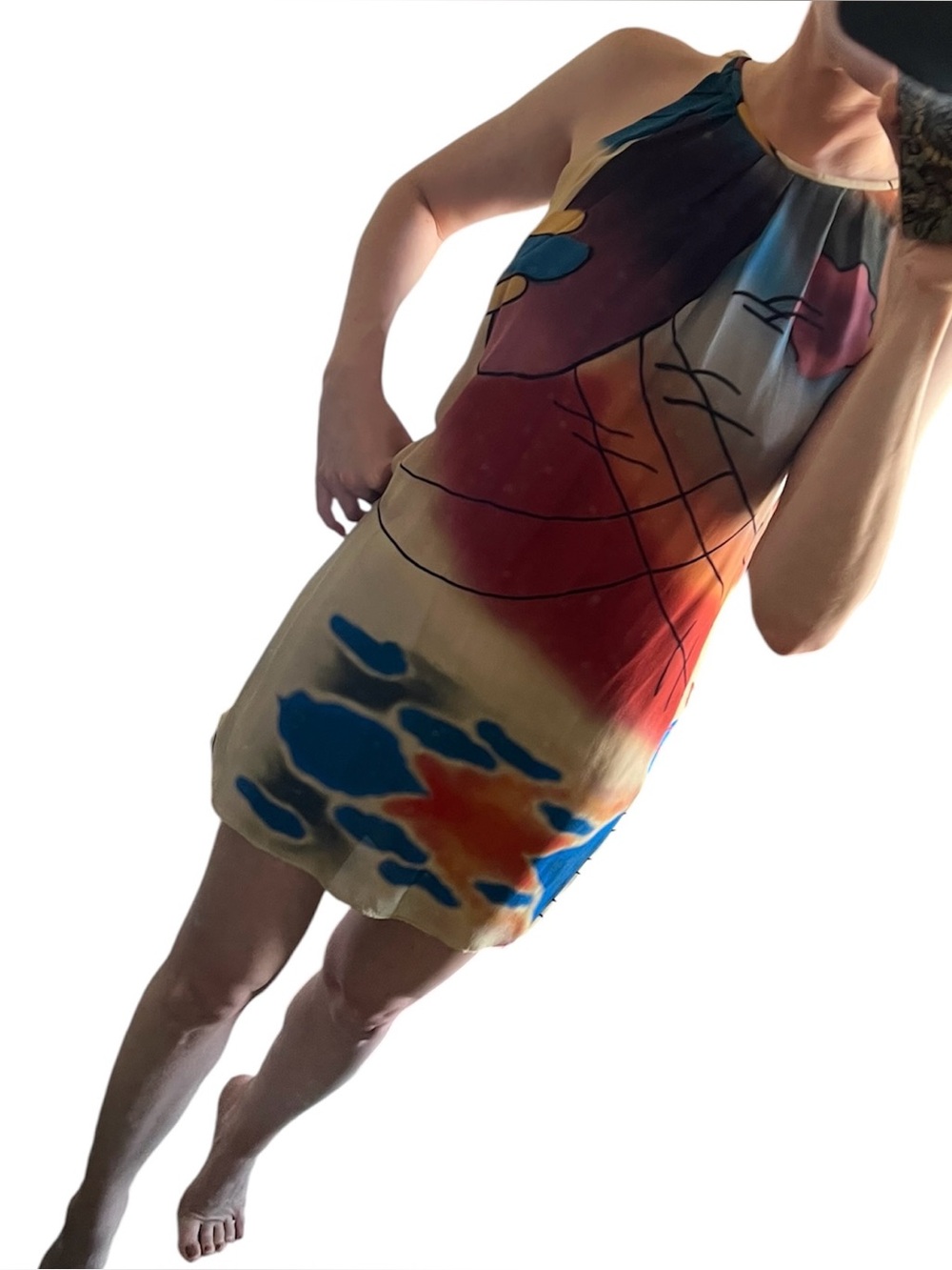 Tangerine Brand 100% silk - Abstract Print Halter Mini Dress in Multicolor